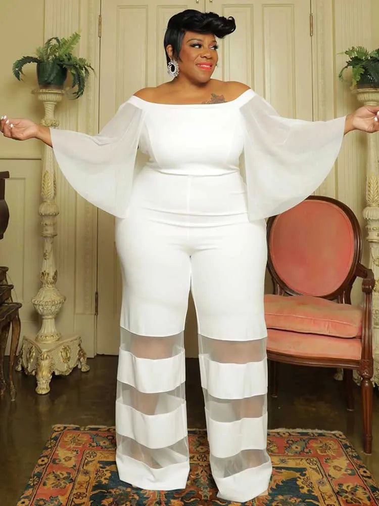 Women Jumpsuits Elegant Mesh Tassel Sleeves Off The Shoulder Summer Jumpsuit Straight Pant Sexy Plus Size Jumpsuit Evening