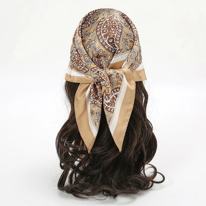 Fashion Bohemian Style Floral Print Women’s Square Silk Scarf Satin Head Wrap Tropical Leaf Flower Design Scarves Bandana Hijab