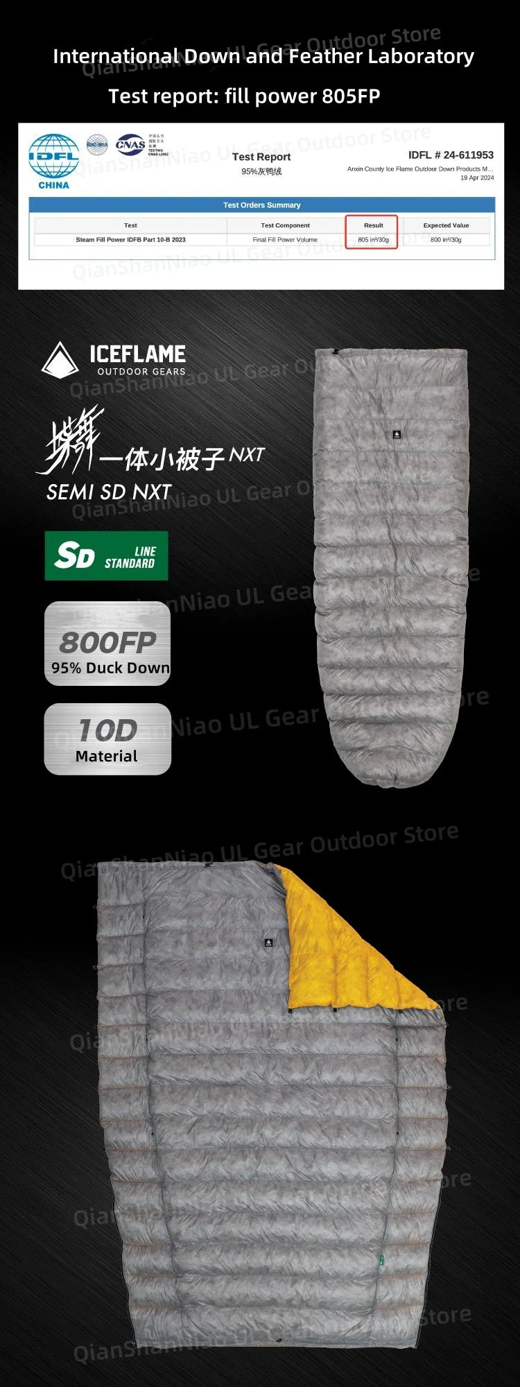 Ice Flame 800FP Quilt Ultralight Envelope Duck Sleeping Bag Mat Underquilt For Hammock Backpacking Camping Hiking