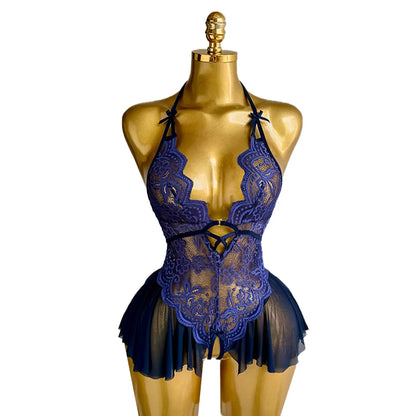 Sexy Crotchless Lingerie Women Lace Hollow Bodysuit Pajamas Teddy Babydolls Deep V Underwear