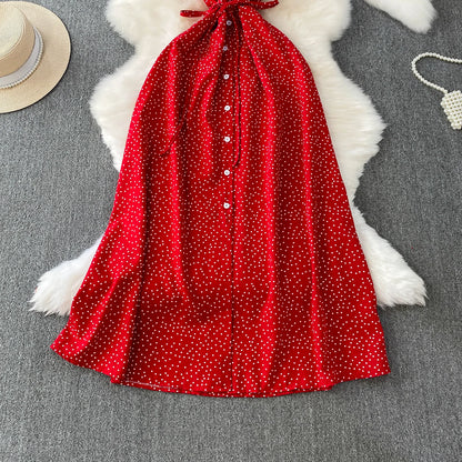 Summer Women Polka Dot Long Dress Vintage V-Neck Flying Sleeve High Waist Single Breasted A-Line Casual Vestidos Female Robe New