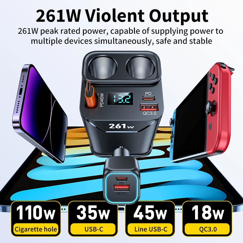 7 in 1 Cigarette Lighter Adapter Cup Holder 261W Car Charger Adapter with PD45W Charge 24V/12V Cigarette Lighter LED Voltmeter