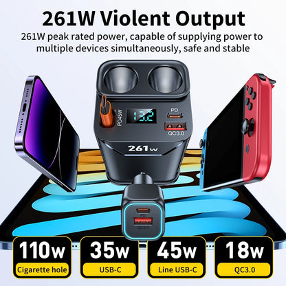 7 in 1 Cigarette Lighter Adapter Cup Holder 261W Car Charger Adapter with PD45W Charge 24V/12V Cigarette Lighter LED Voltmeter