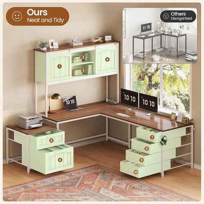 armhouse L Shaped Oice Desk with 6 Der, Reversible Computer Desk with Power Outlet, Hutch or Home Oice/Two Person, Desk with ile