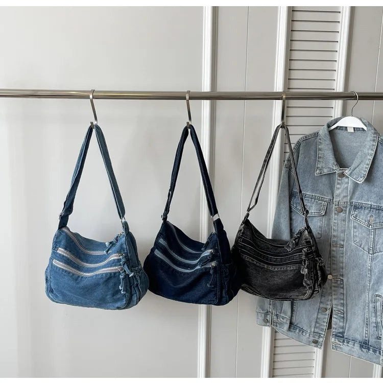 Vintage Denim Women's Shoulder Bag Large Capacity Messenger Bag Multi-pockets Satchel Bags Adjustable Strap Ladies Crossbody Bag