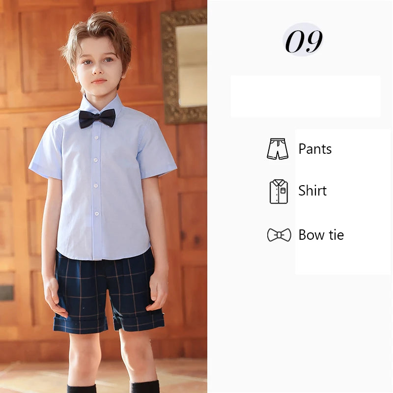 Children Summer Kindergarten School Uniforms Girls Pleated Skirts JK Suit Boys Shirt Shorts Bowtie Wedding Performance Costume