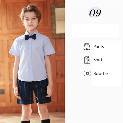Children Summer Kindergarten School Uniforms Girls Pleated Skirts JK Suit Boys Shirt Shorts Bowtie Wedding Performance Costume