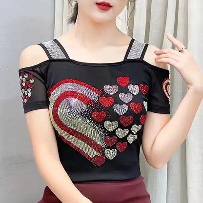 High Quality Elasticity Clothes Fashion T-Shirts Women's Sexy Off Shoulder Shiny Diamonds Mesh Tops Summer Tees Shirt