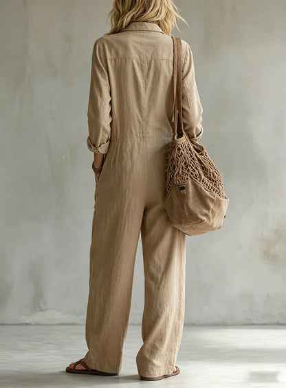 Retro Lapel Buttoned Pocket Solid Loose Commuting Pocket Jumpsuit Women Autumn New Vacation All-match Jumpsuits Women's Clothing