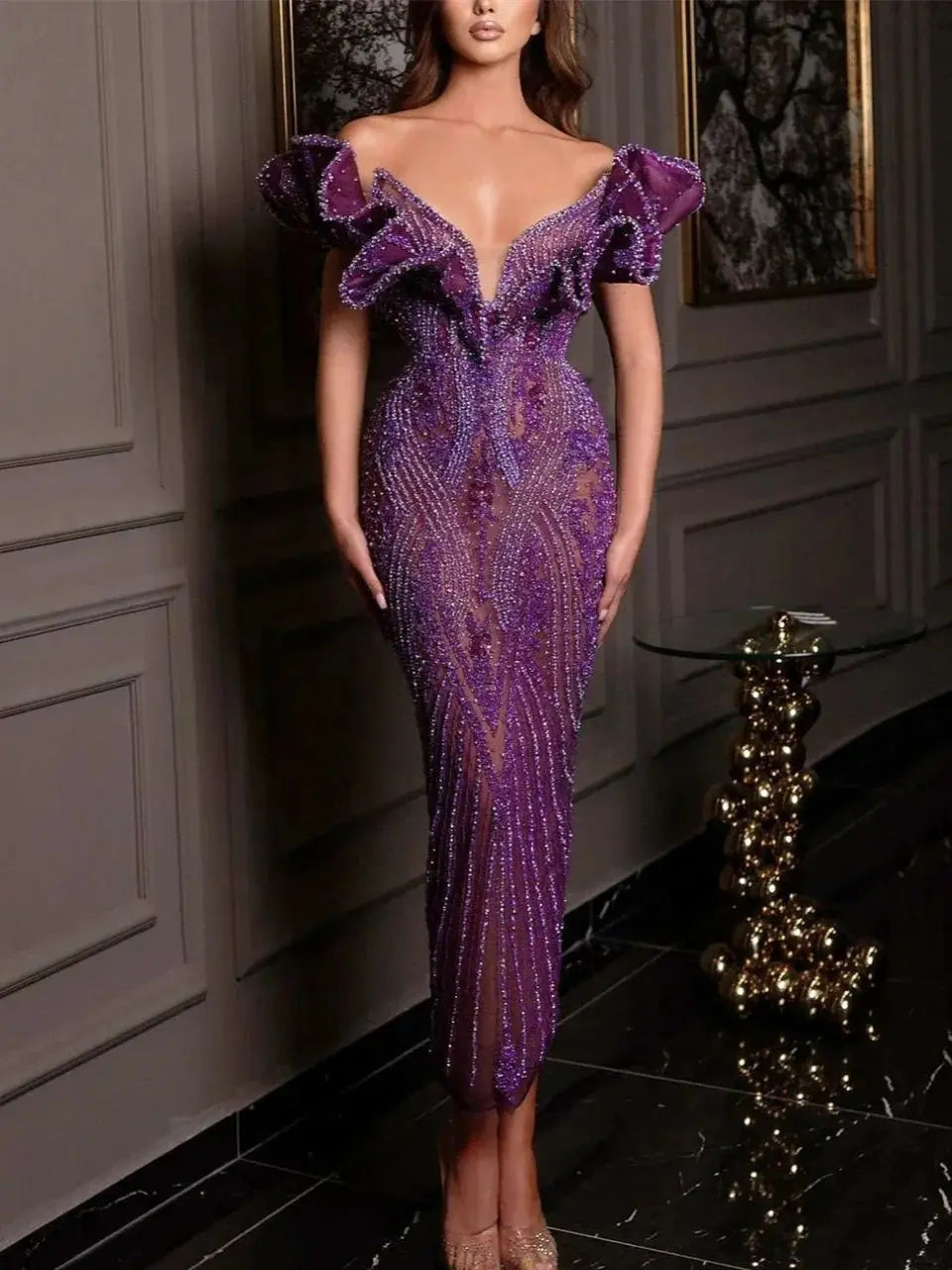 Sexy V Neck Sheath Evening Dresses Beaded Off The Shoulder Party Gown Ankle Length Sequined Prom Dress Customized