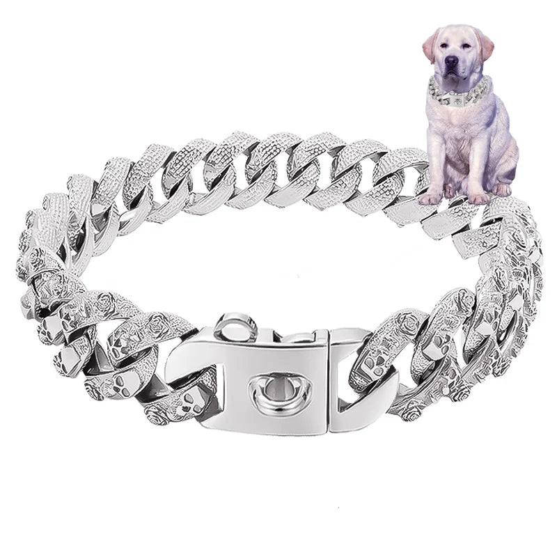 32mm  Gold Dog Collar Stainless Steel Metal Pet Choker Lead for Medium Large Dogs Pet Accessories Labrador Rottweiler