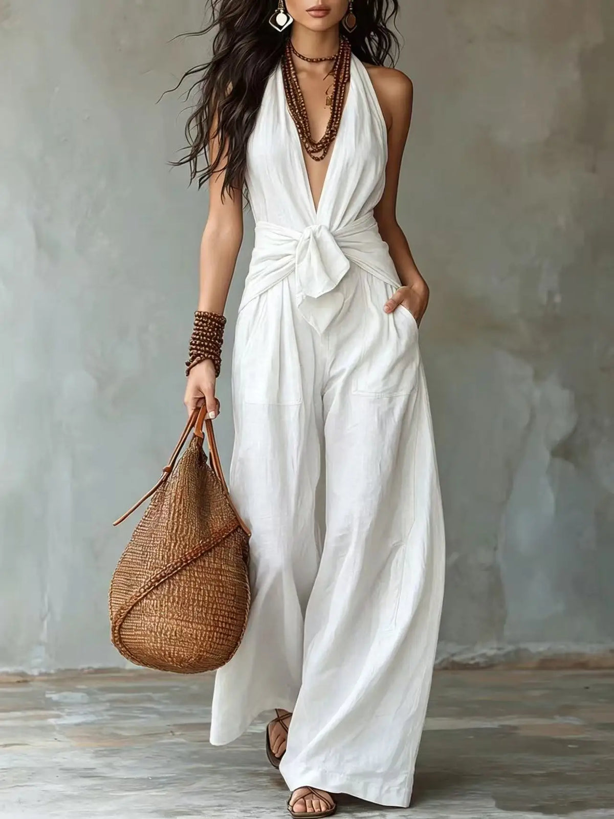 Bohemian Women's Brown Halter Neck Jumpsuit Deep V-Neck Tie Front Knot Wide Leg Pants Sleeveless Casual Summer Beach Jumpsuits
