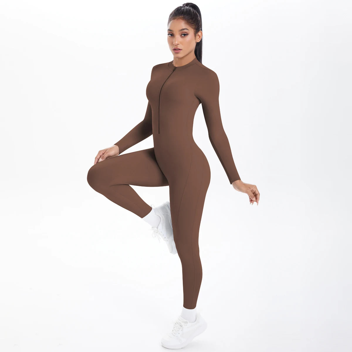 Solid Color Bodysuits for Woman's Backless Long Sleeved Zipper Yoga Jumpsuits High Dtrength Workout Sports Fitness Clothing Set