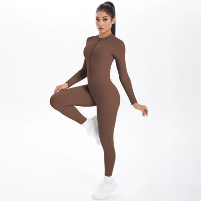 Solid Color Bodysuits for Woman's Backless Long Sleeved Zipper Yoga Jumpsuits High Dtrength Workout Sports Fitness Clothing Set