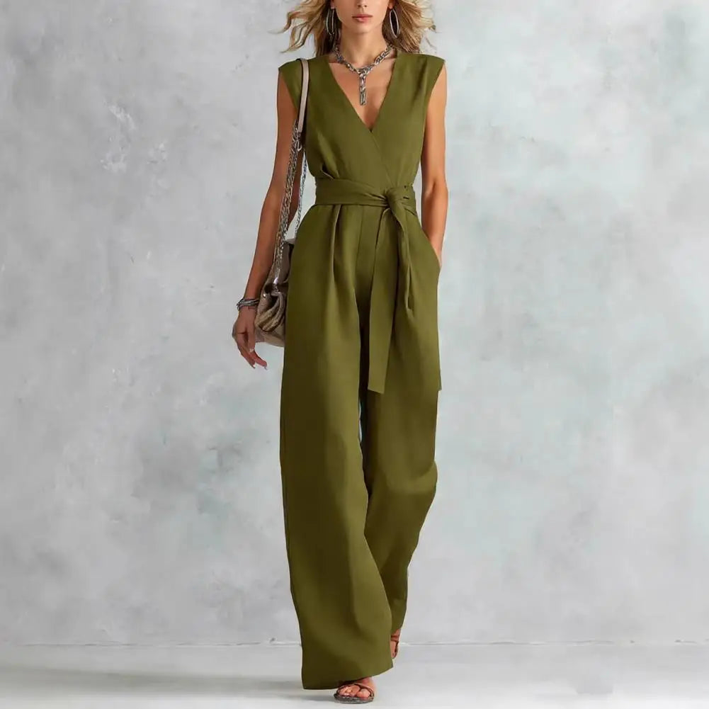 Women's Jumpsuit Sleeveless Women Jumpsuit Summer Causal Tie Waist Wide Leg Long Pants Rompers Summer V Neck One Piece Overalls