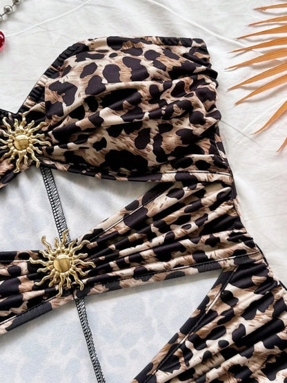 Women's Classic Retro Leopard Print Jumpsuit with Metallic Accessories, Suitable for Vacations, Parties, Dates, Afternoon Tea, M