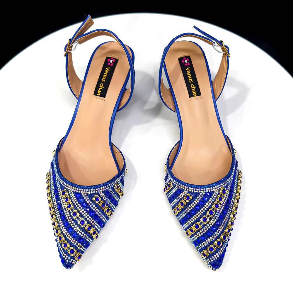 2025 Shiny Italian Fashion Pointed Toe Women Heel Fashion Rhinestone Decoration Fuchsia Color Shoes And Bag Set