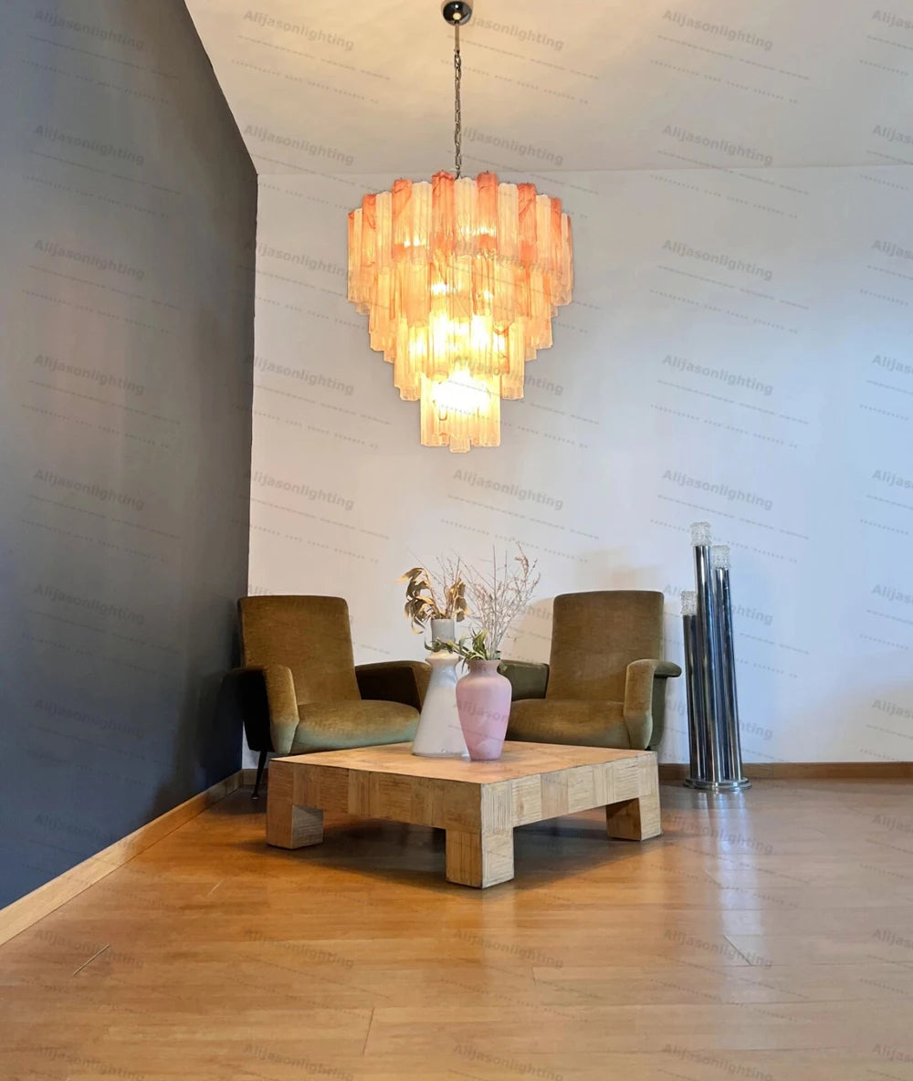 Elevate Your Living Room With Our Textured Pink White Glass 2026 Chandelier High-end Pendant Light Gold Chrome Dimming Function