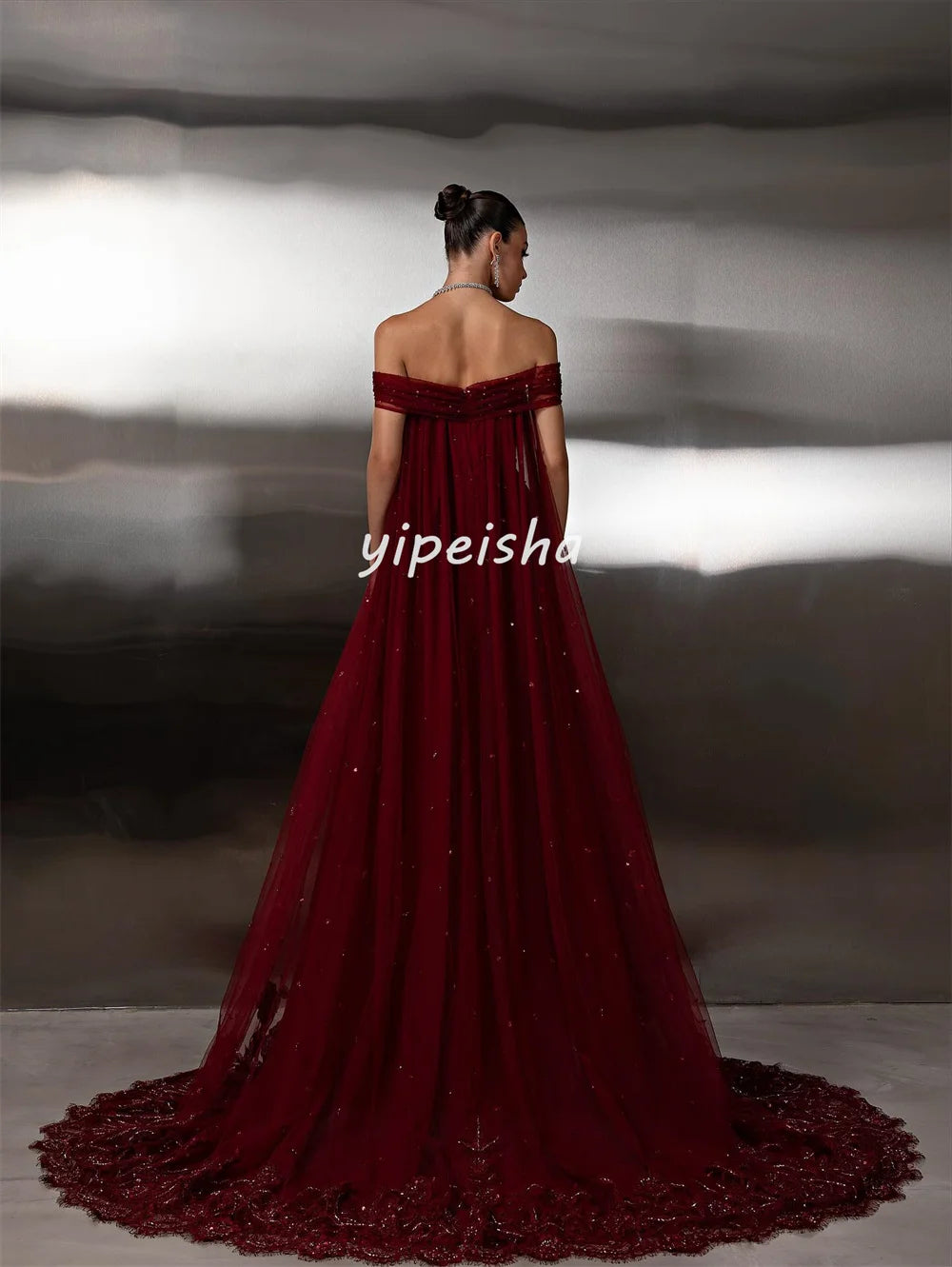 Customized Sparkle Intricate Chiffon Sequined Beading A-line Off-the-shoulder Long Dresses Bespoke Occasion Dresses High Quality
