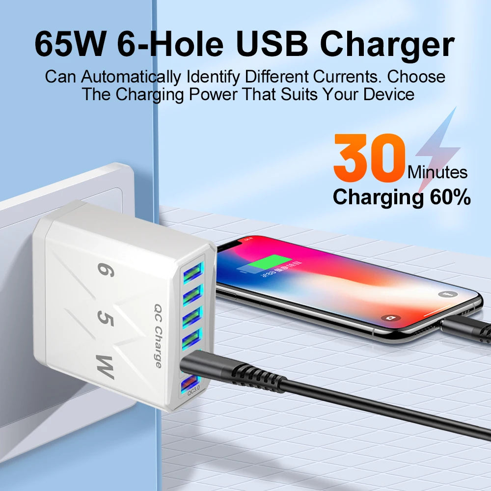 6 Ports USB Charger Fast Charging QC3.0 Travel Charger For iPhone17 16 Samsung Xiaomi Vivo Mobile Phone Adapter EU US UK Plug