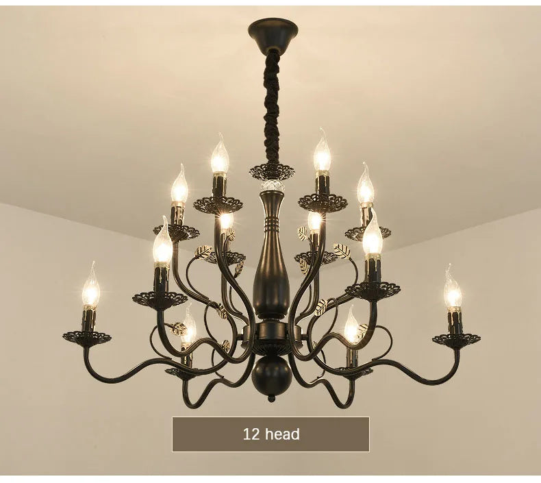 2022 modern black/gold wrought iron candle light retro Europe and America 6 12 16 lights chandelier dining room chandelier