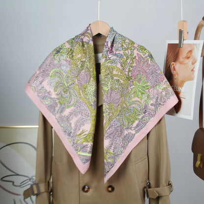 New Design Trendy Luxury Wrap Scarf, Twill Fabric Flower Print 90cm Square Scarf, High-End Silk Scarf for Women Shawl