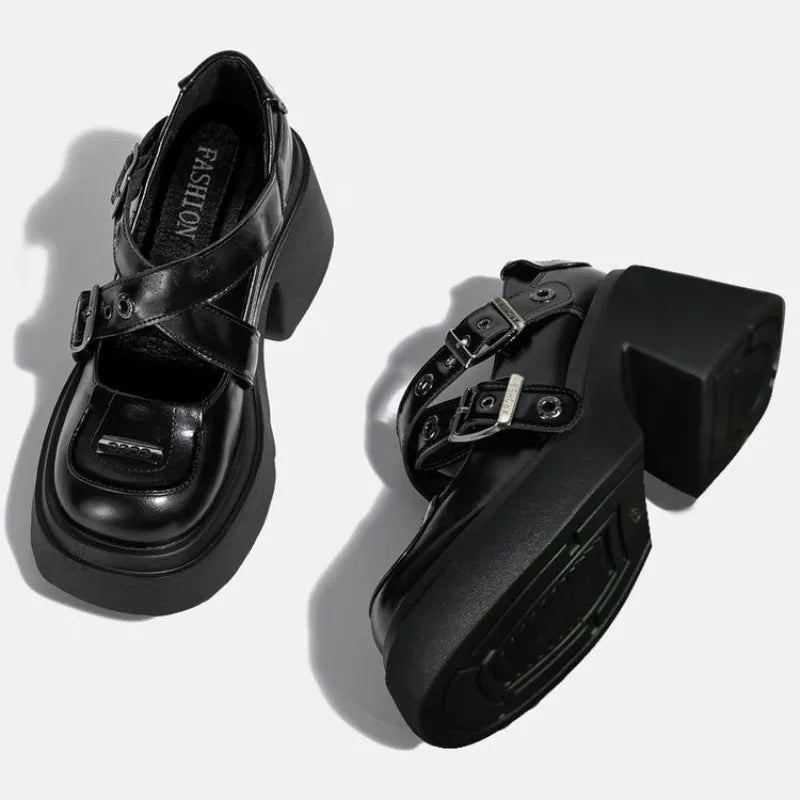 Mary Jane Shoes 2026 New Punk Metal Block Heel Platform Women's Shallow Mouth Buckle Single Shoes