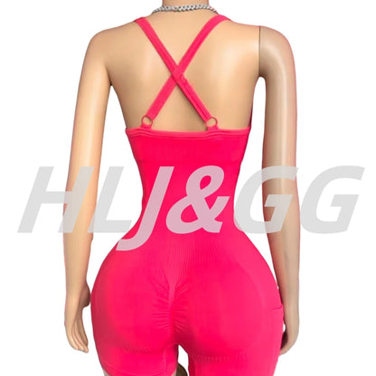 HLJ&GG Women Bodysuits Stretch Sporty One Piece Rompers Women Sleeveless Backless Slim Jumpsuits Summer New Solid Yoga Overalls