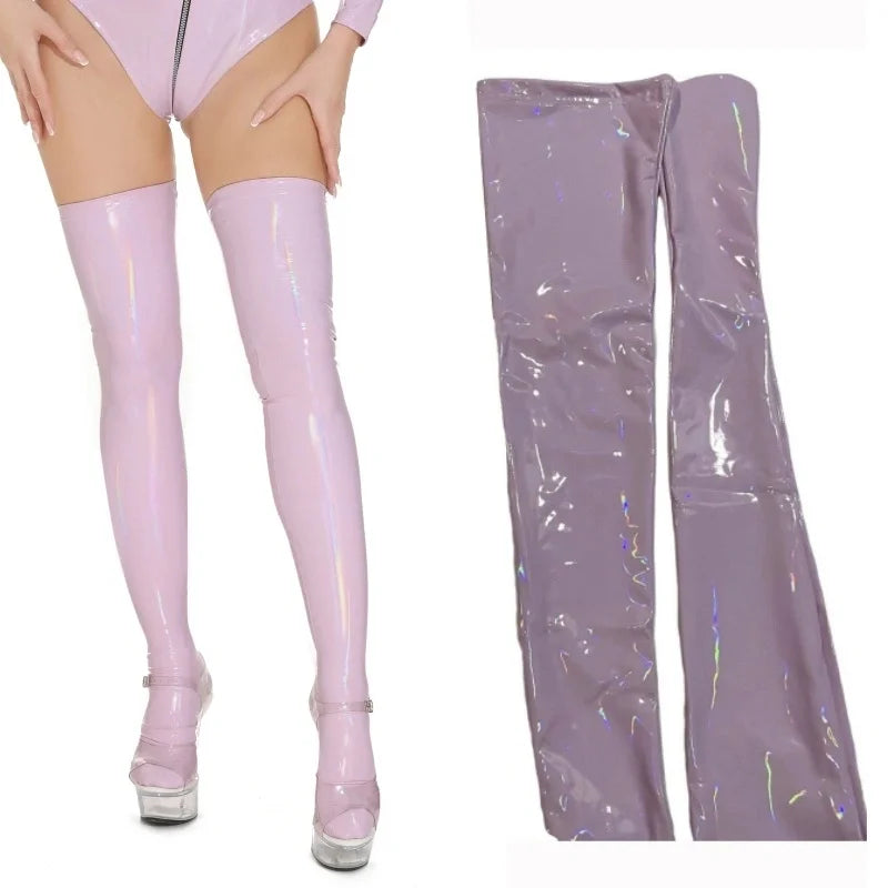 Faux Leather Thigh High Sexy Stockings Wetlook Oil Shiny PVC Leather Party Stockings For Women Cosplay Clubwear Sexy Hosiery
