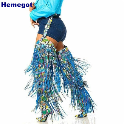 2025 Fashion Ladies Over Knee Belt Tassel Boots Autumn Winter Stiletto Stage Catwalk Model Boots Snake Pattern Street Sexy Boots