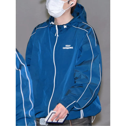 Kpop Keep Swimming Print Zipper Blue Hooded Windbreaker Jacket Men Women Men Outdoor Casual Keep Swimming Coat