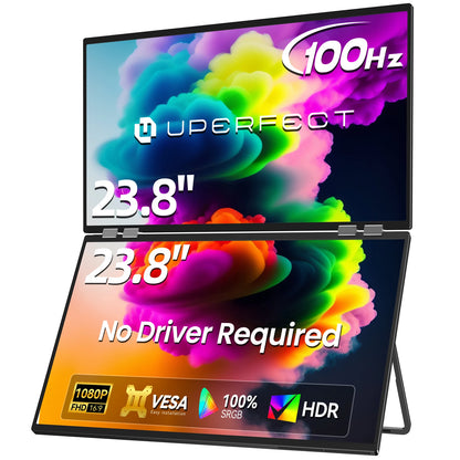 UPERFECT Delta Mega 23.8 Inch 100Hz Dual Screen Stacked Computer Display 1080P 360° Folding Triple Extender Monitor with Speaker