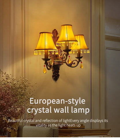 Retro American European Iron Art Red Cloth Crystal Wall Lamp for Hall Restaurant Bedroom Walkway Hotel Bar Decorative Wall Light