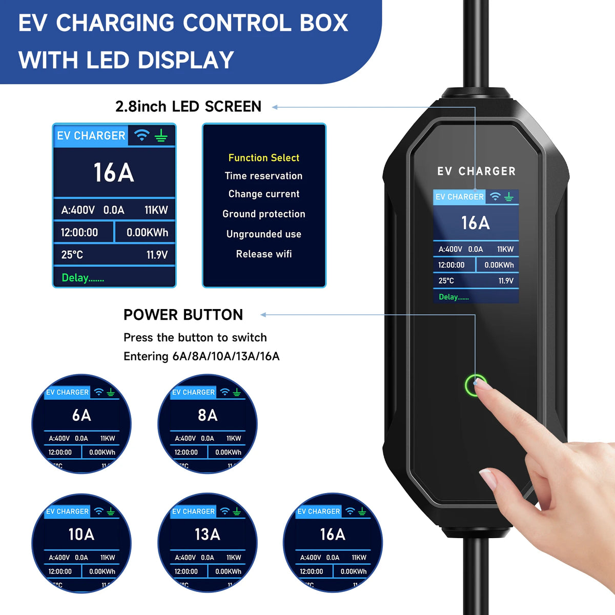 AFEEV 11KW 16A 3Phase Portable EV Charger GBT 20234 Wallbox EVSE Fast Charging Cable CEE Plug WiFi APP Bluetooth Remote Control