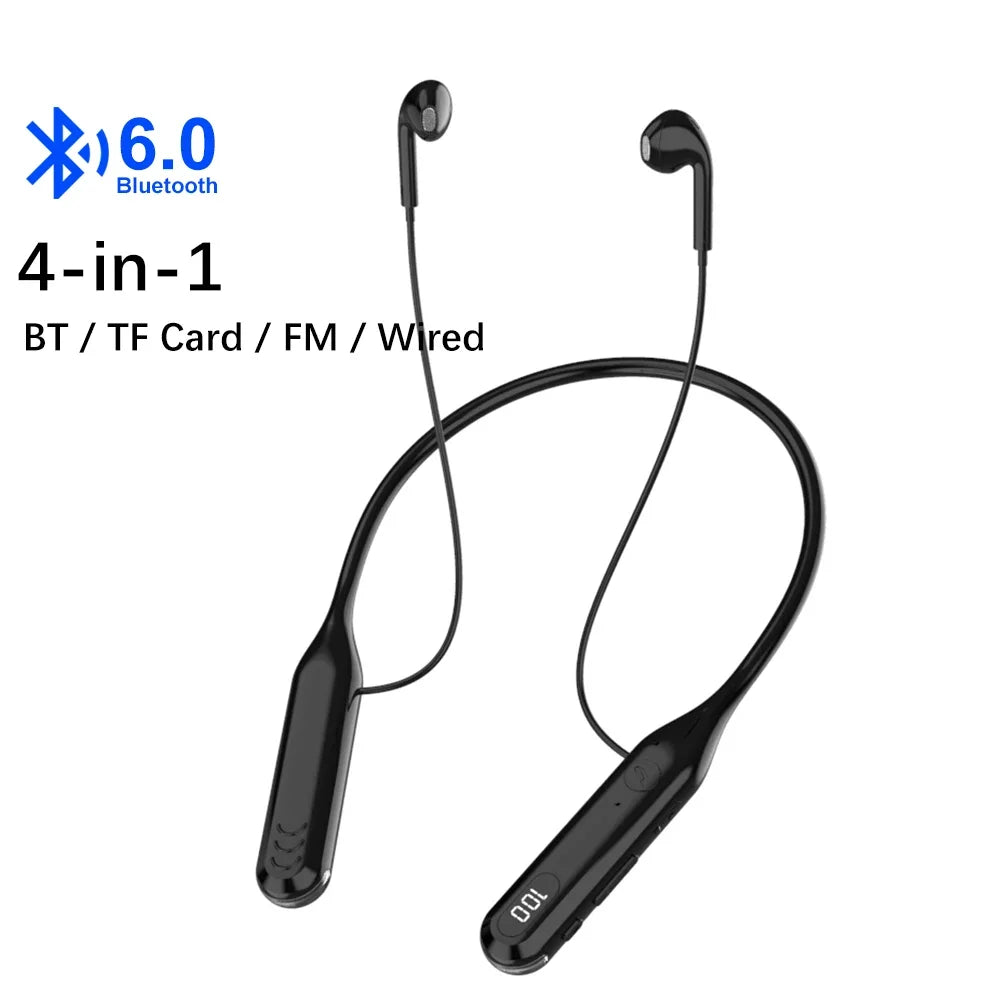KEBIDUMEI 4-in-1 Neckband Bluetooth 6.0 Earphones ENC Noise Reduction Wireless Headsets Wired Mode TF Card FM Radio Headphones