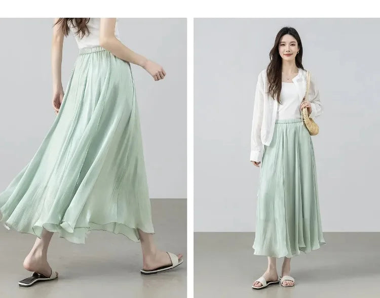 SENTUBILA Women's Summer Skirt 2026 Elegant Elastic Waist Sheen Flowy A Line Long Skirt for Woman Ladies Clothes 162QG4909