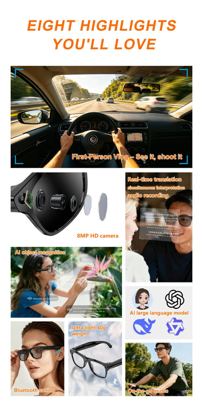 Smart Glasses 8K HD AI Photography Recording Intelligent Object Recognition 290mAh Battery Bluetooth Voice Assistant Unisex