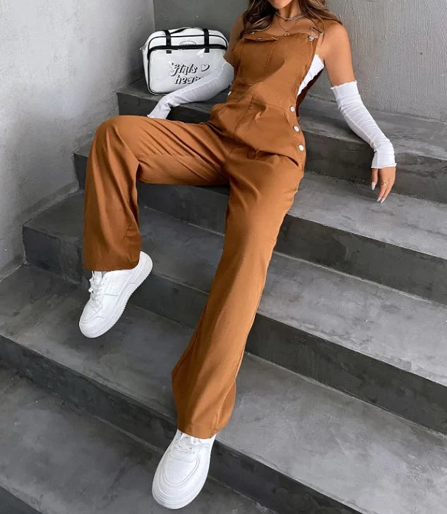 Women's Casual Bib Overalls Adjustable Shoulder Strap Pocket Wide Leg Jumpsuit Loose Straight Women Streetwear Suspender Pants