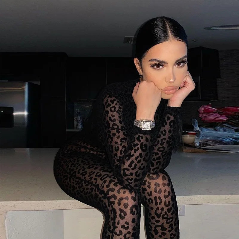 Womens Leopard Print High Neck Long Sleeve Bodysuit Slim Fit Sexy Casual Streetwear Y2K Club Night Out Party One Piece Jumpsuits