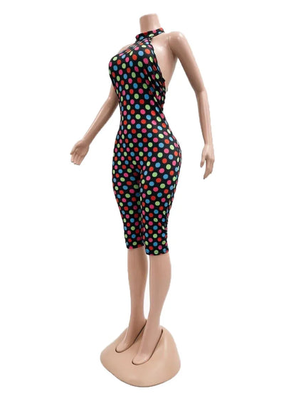 European and American New Style Women's Clothing Spring and Summer Polka Dot Print Elastic Halter Neck Backless Slim Fit Jumpsuit Women's Jumpsuit