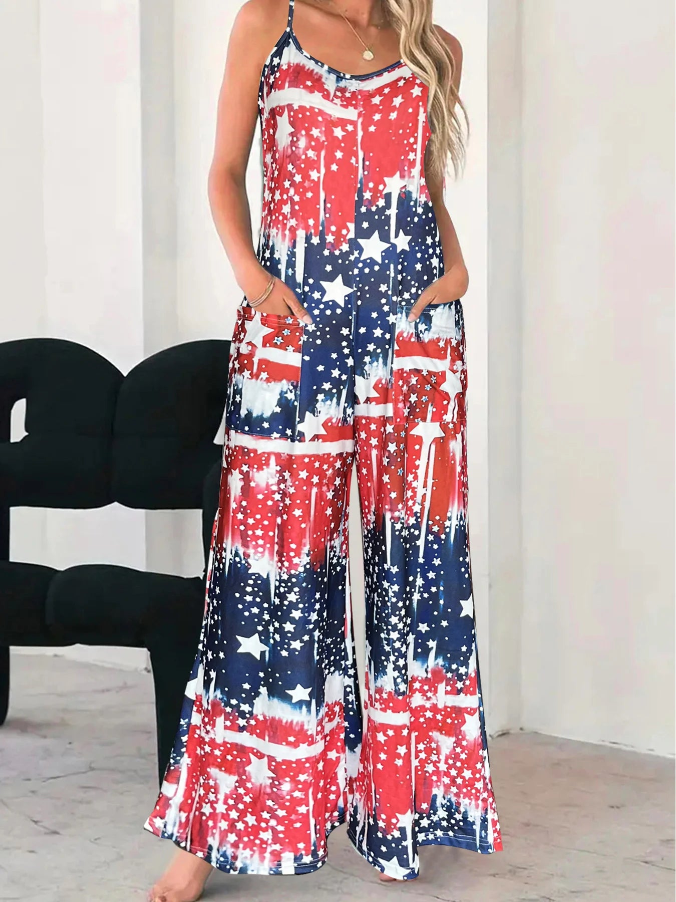 Women's Casual Loose Feather Print Spaghetti Strap Jumpsuit Summer Beach Loungewear With Side Pockets