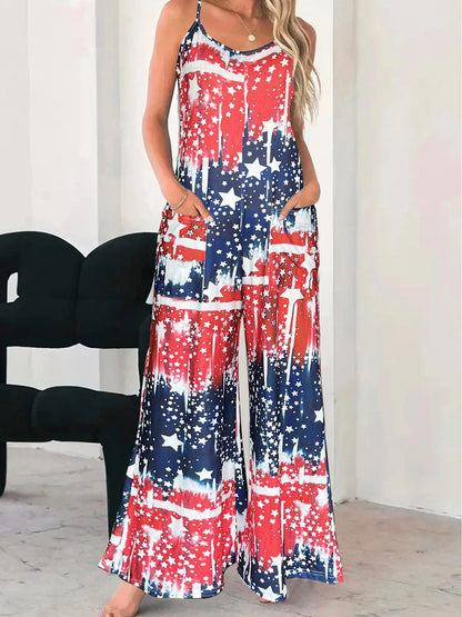 Women's Casual Loose Feather Print Spaghetti Strap Jumpsuit Summer Beach Loungewear With Side Pockets