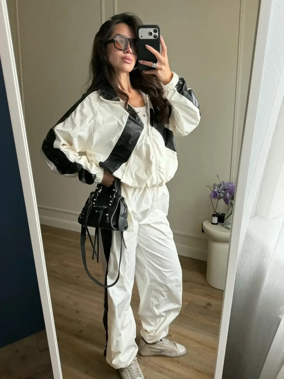 Chevron Stripe Windbreaker Tracksuit Women Casual Zip Cropped Jacket Contrast Trim Shorts Suit Lady Daily Jogging Street Outfit