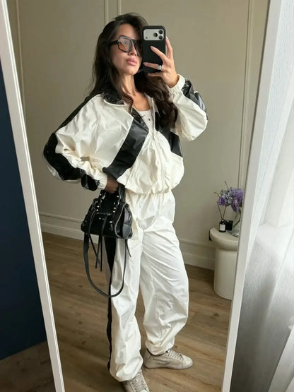 Chevron Stripe Windbreaker Tracksuit Women Casual Zip Cropped Jacket Contrast Trim Shorts Suit Lady Daily Jogging Street Outfit