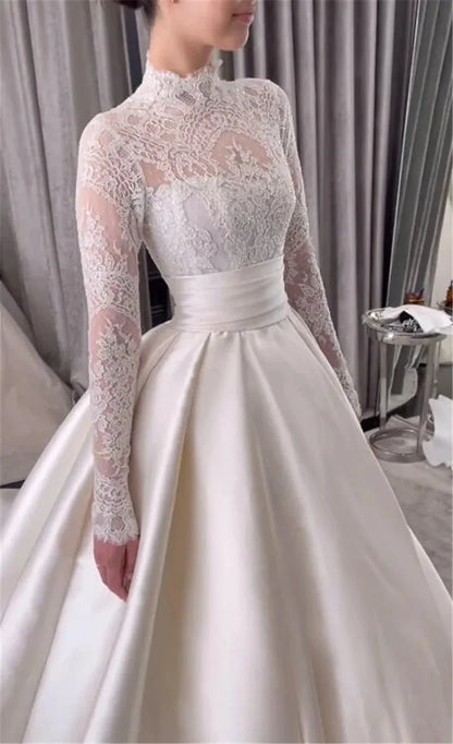 2025 Elegant A Line Lace Wedding Dresses High Neck Long Sleeves Button Back Train Bridal Bride Party Gowns Vestidos De Noiva