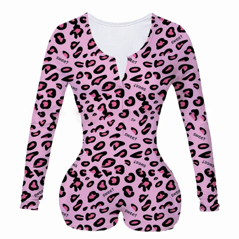 Combhasaki Women's Y2K Long Sleeve All-over Print Slim Sleepwear Jumpsuit Half Button O-neck Loungewear Bodysuit Shorts Romper