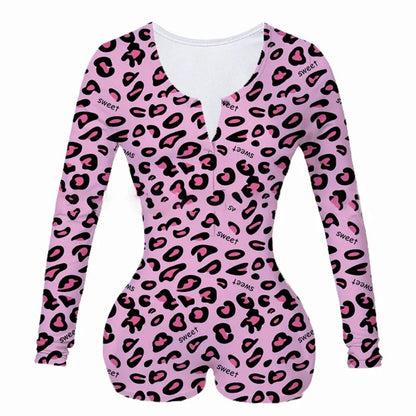 Combhasaki Women's Y2K Long Sleeve All-over Print Slim Sleepwear Jumpsuit Half Button O-neck Loungewear Bodysuit Shorts Romper