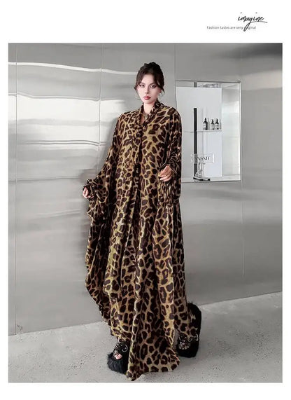 Leopard Print Loose Bat-sleeve Dress Women Summer Stand-up Collar Tie-waist Oversize Slimming Casual Long Dress XY420