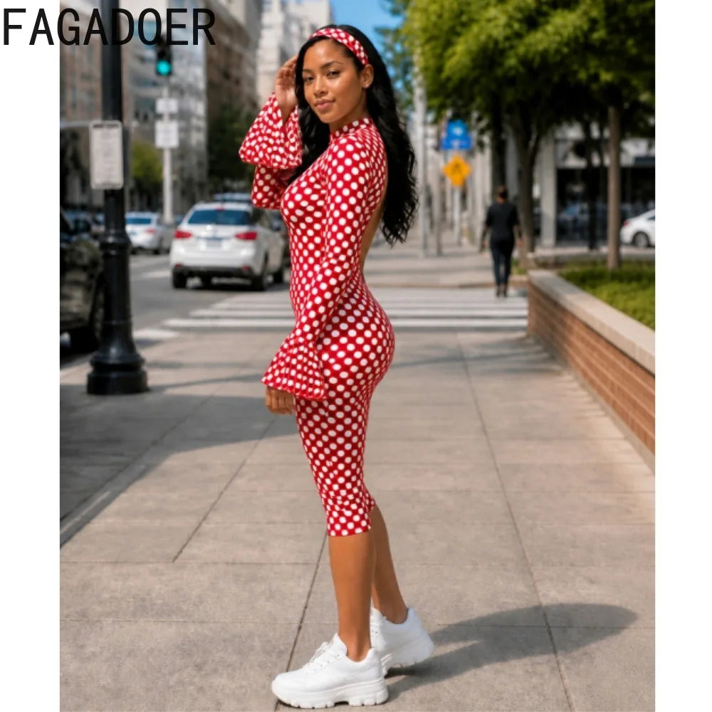 FAGADOER New Polka Dot Jumpsuits Women Autumn Long Flare Sleeve Rompers with Headscraft Back Hollow Out Sexy Bodycon Streetwear