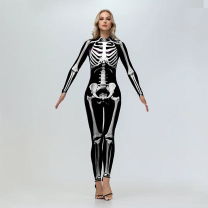 [You're My Secret] Halloween Cosplay Skeleton Zombie Scary Bodysuit 3D Digital Human Skull Printed Zentai Suits Couple Jumpsuits